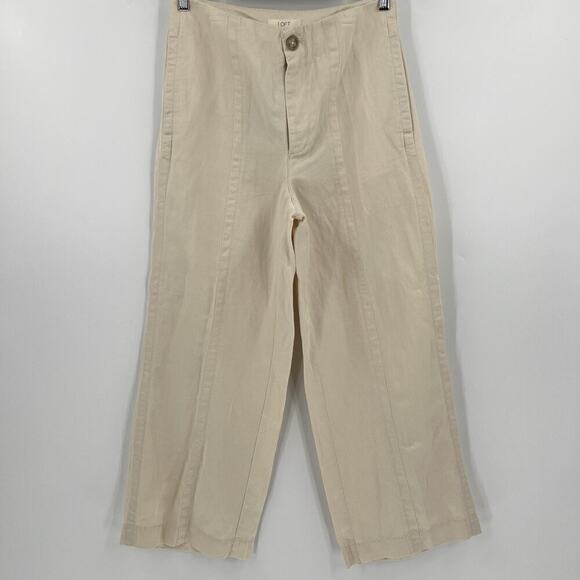LOFT Pants Linen Cotton Blend Cropped Wide Leg Cream Seamed Women’s Size 4 NWT - Picture 2 of 7